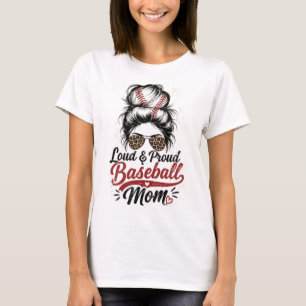 Loud Proud Baseball Mum Leopard Messy Bun T-Shirt