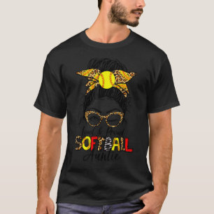 Loud & Proud Softball Auntie Messy Bun Mum Leopard T-Shirt
