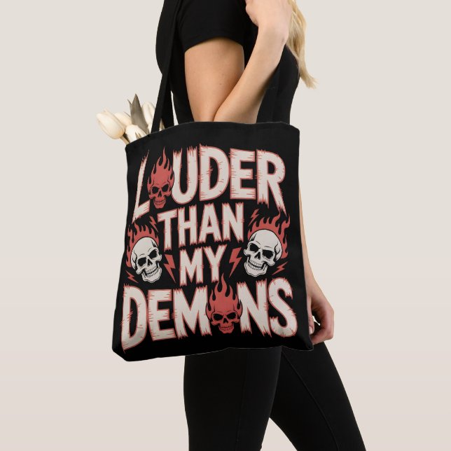 Louder Than My Demons: Gothic Skull and Flame Tote Bag (Close Up)