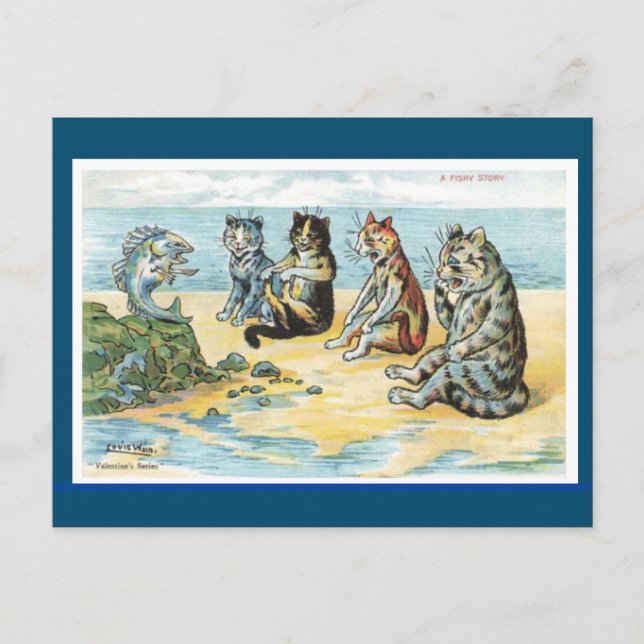 Louis Wain,A Fishy Story, Cat Art Postcard (Front)