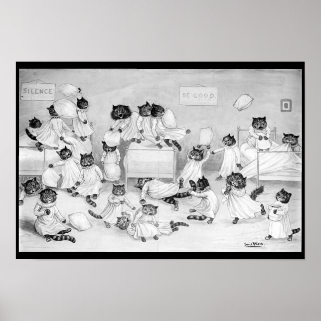 Louis Wain Cat Art Be Good cat pillow fight  Poster (Front)