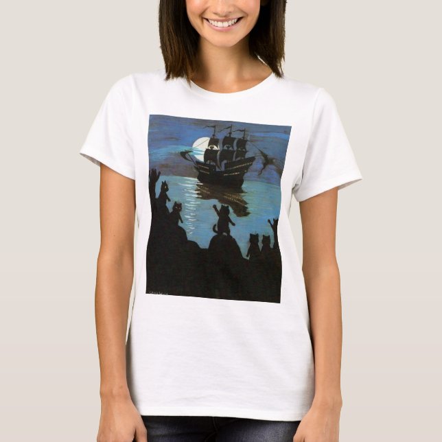 Louis Wain Cat Pirates Galleon In The Moon Light T-Shirt (Front)