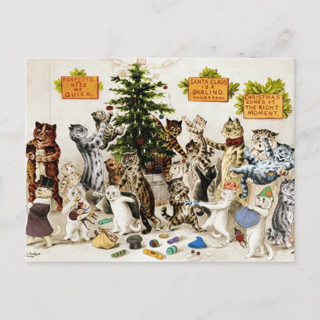 Louis Wain Cats Christmas Tree Decorating Party Holiday Postcard (Front)