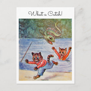 Louis Wain Fun Cartoon Fishing Cats What a Catch Postcard