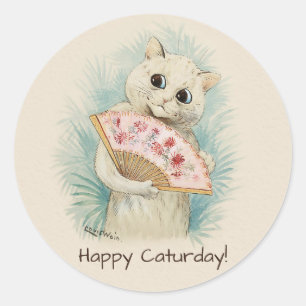 Louis Wain White cat with a fan CC0707 Classic Round Sticker