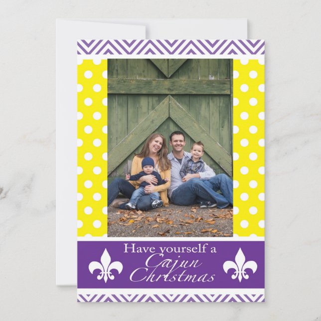 Louisiana Cajun Christmas Cards- Purple and Yellow Holiday Card (Front)