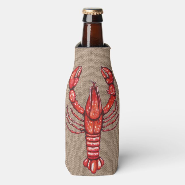 Louisiana Cajun Crawfish Faux Burlap Bottle Cooler (Bottle Front)