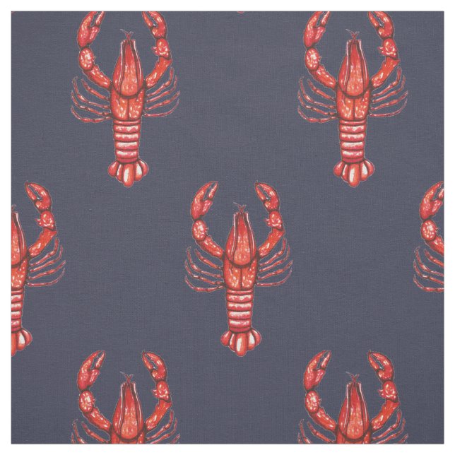 Louisiana Cajun Watercolor Crawfish & Navy Blue Fabric (Swatch)