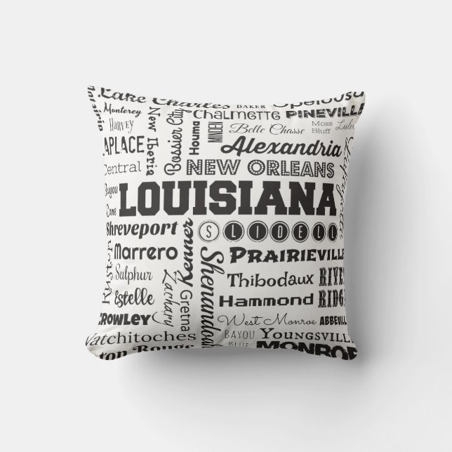 Louisiana Cities Typography pillow in white (Front)