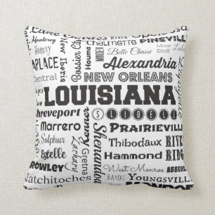 Louisiana Cities Typography pillow in white