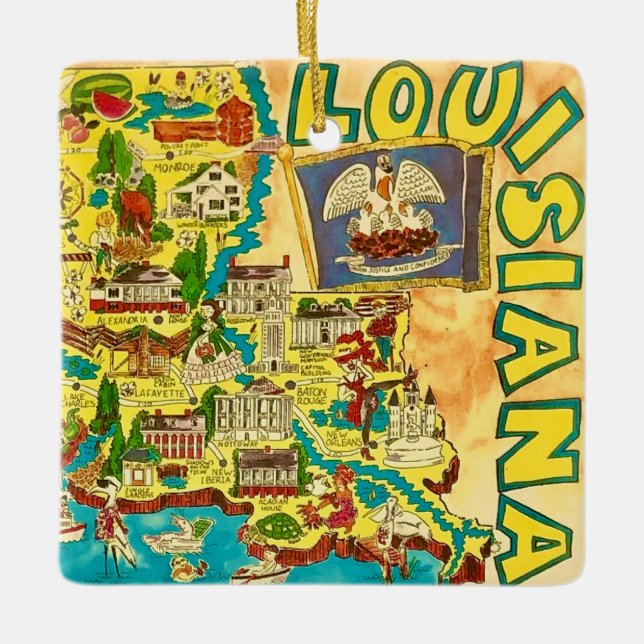  Louisiana Colourful Map Ceramic Ornament (Front)