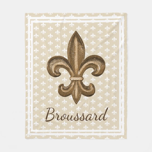 Louisiana French Gold Fleur de Lis Family Name Fleece Blanket (Front)