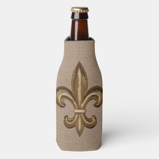 Louisiana Gold French Fleur de Lis Faux Burlap Bottle Cooler (Bottle Front)
