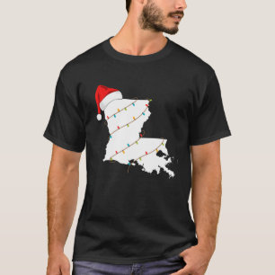 Louisiana Map Christmas With Santa Hat Xmas Lights T-Shirt