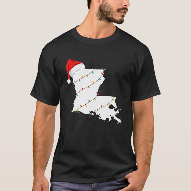 Louisiana Map Christmas With Santa Hat Xmas Lights T-Shirt (Front)