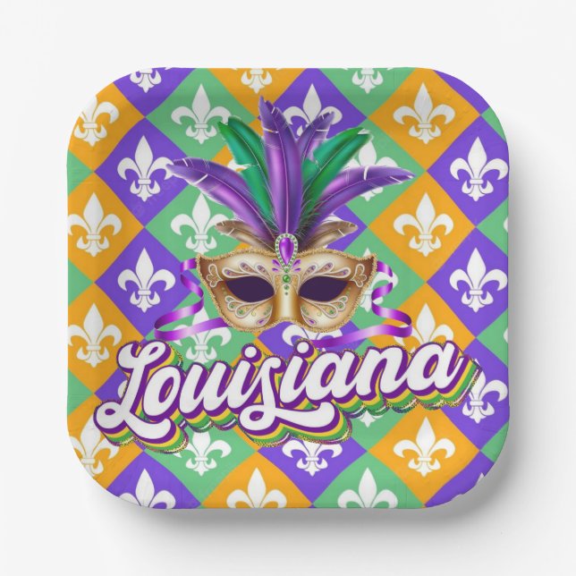 Louisiana Mardi Gras Mask Fleur de Lis Paper Plate (Front)