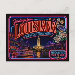 Louisiana Neon State Retro Vintage Postcard