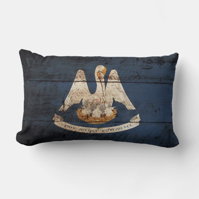 Louisiana State Flag on Old Wood Grain Lumbar Cushion (Front)