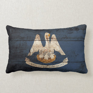 Louisiana State Flag on Old Wood Grain Lumbar Cushion
