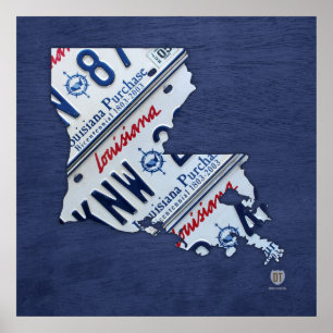 Louisiana State License Plate Map Poster