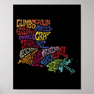 Louisiana State Map Tee Mardi Gras Creole Cajun Cu Poster