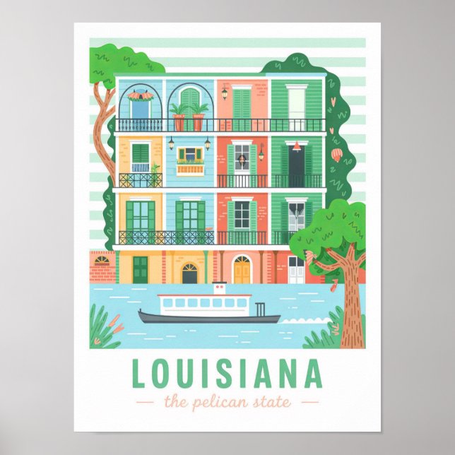 Louisiana the Pelican State USA Summer Travel Poster (Front)