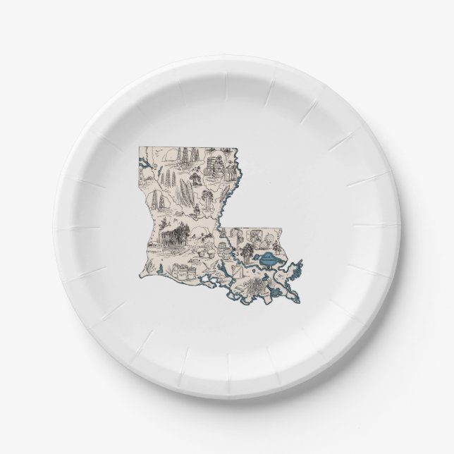 Louisiana Vintage Picture Map Paper Party Plates (Front)