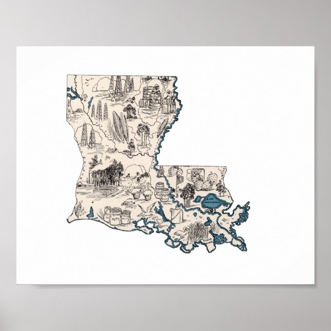 Louisiana Vintage Picture Map Poster (Front)