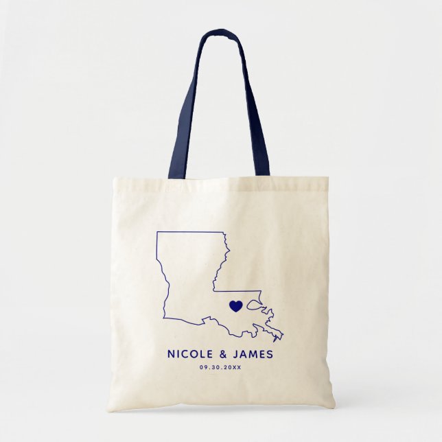 Louisiana Wedding Welcome Bag Tote, Navy Blue Map (Front)