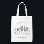 Louisville, Kentucky Wedding | Stylised Skyline Reusable Grocery Bag<br><div class="desc">A unique wedding bag for a wedding taking place in the beautiful city of Louisville,  Kentucky.  This bag features a stylised illustration of the city's unique skyline with its name underneath.  This is followed by your wedding day information in a matching open lined style.</div>