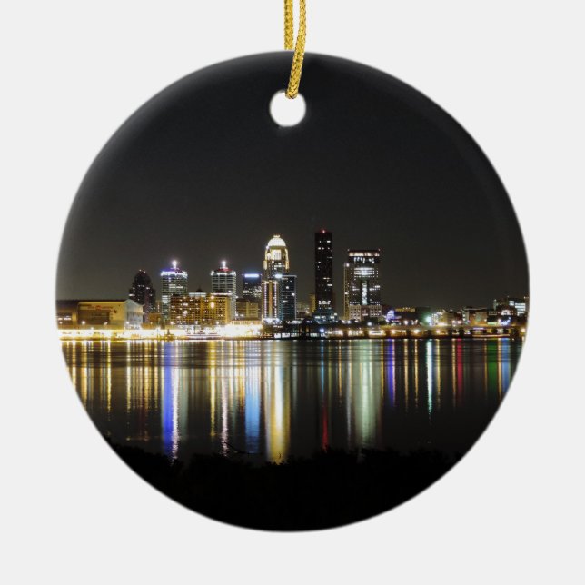 Louisville skyline at night ceramic tree decoration (Front)