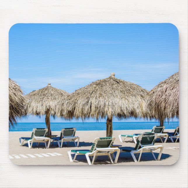 Lounge Chairs And Thatch Umbrellas On Beach Mouse Mat (Front)