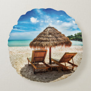 Lounge chairs on beach throw pillow