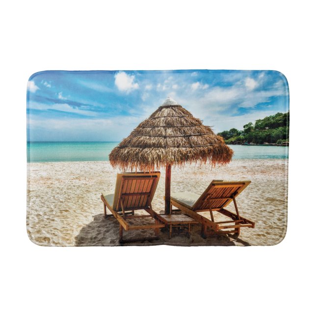 Lounge chairs on beach throw pillow bath mat (Front)
