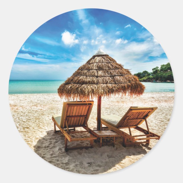 Lounge chairs on beach throw pillow classic round sticker (Front)