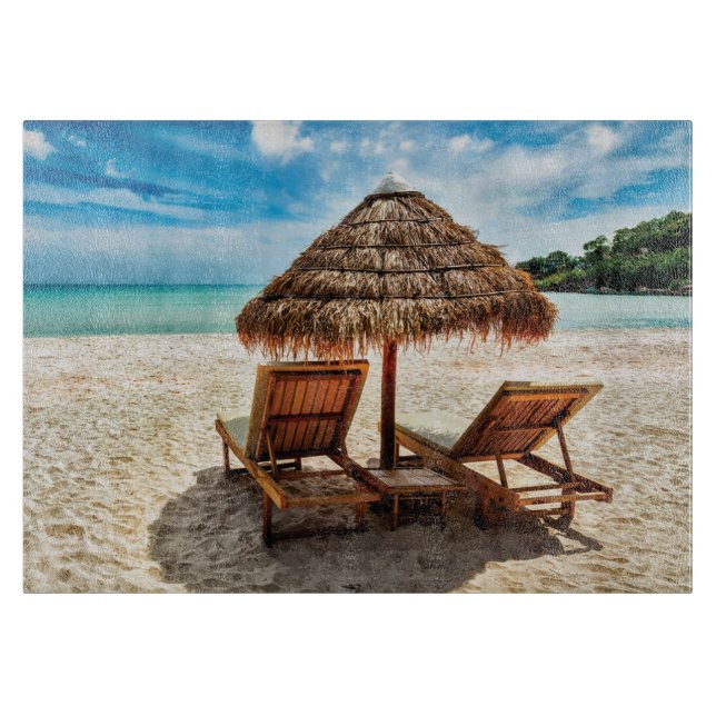 Lounge chairs on beach throw pillow cutting board (Front)