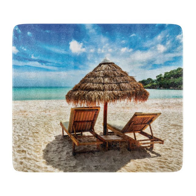 Lounge chairs on beach throw pillow cutting board (Front)