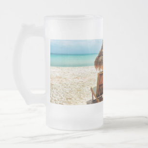Lounge chairs on beach throw pillow frosted glass beer mug