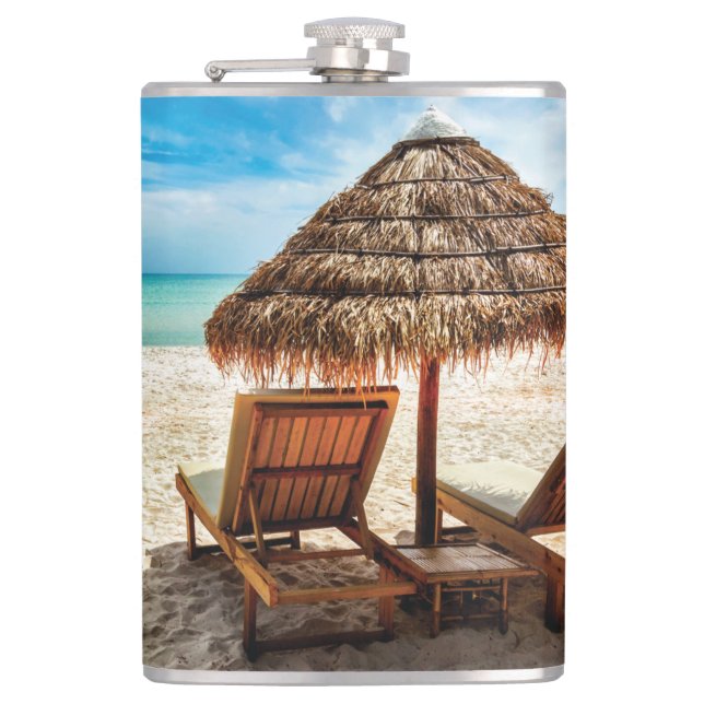 Lounge chairs on beach throw pillow hip flask (Front)