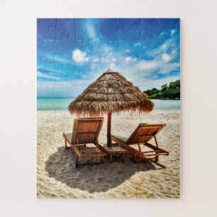 Lounge chairs on beach throw pillow jigsaw puzzle