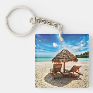Lounge chairs on beach throw pillow key ring