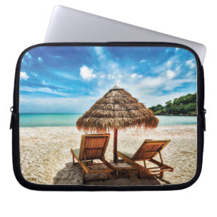 Lounge chairs on beach throw pillow laptop sleeve