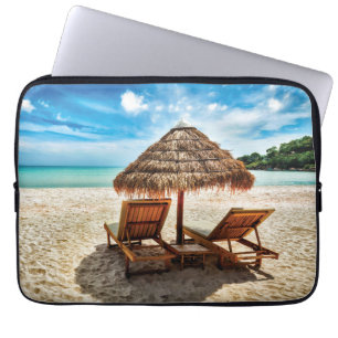 Lounge chairs on beach throw pillow laptop sleeve