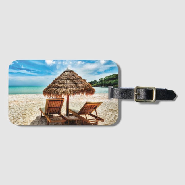 Lounge chairs on beach throw pillow luggage tag (Front Horizontal)