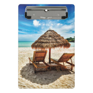 Lounge chairs on beach throw pillow mini clipboard