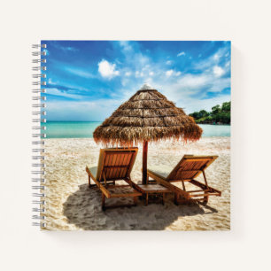 Lounge chairs on beach throw pillow notebook