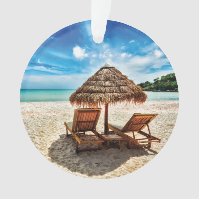 Lounge chairs on beach throw pillow ornament (Front)