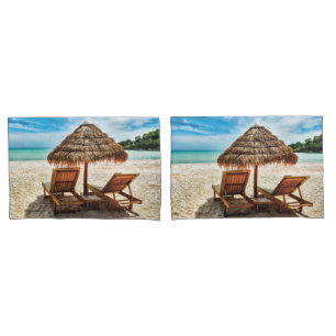 Lounge chairs on beach throw pillow pillowcase