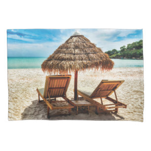 Lounge chairs on beach throw pillow pillowcase