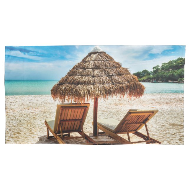 Lounge chairs on beach throw pillow pillowcase (Front)